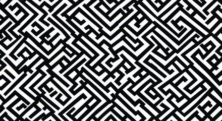 Seamless pattern of abstract geometric maze or labyrinth lines and shapes, creating a complex, intricate, and trendy optical illusion background.