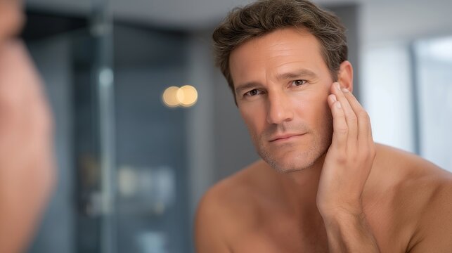 A man applying eye cream in a modern bathroom, focusing on crow’s-feet reduction and hydration for a refreshed, energized look — men’s anti-aging skincare, grooming confidence, and everyday - Powered by Adobe