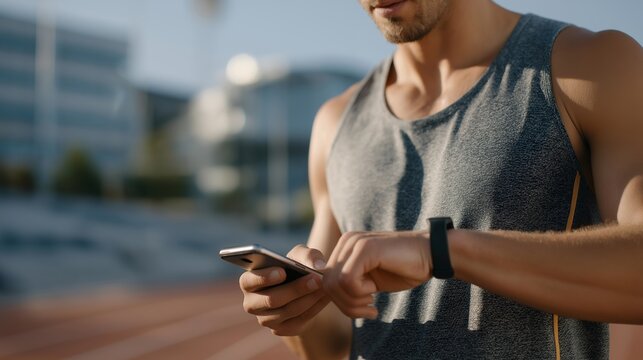 A wearable tech prototype being tested by an athlete on a track field, biometric data streaming to a smartphone app — performance technology, product testing in real conditions, and sports
