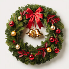 Festive christmas wreath with red bow and golden bells