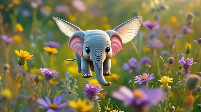 Cartoon elephant flying over colorful flowers