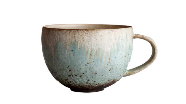 handcrafted ceramic cup with imperfect glaze drips