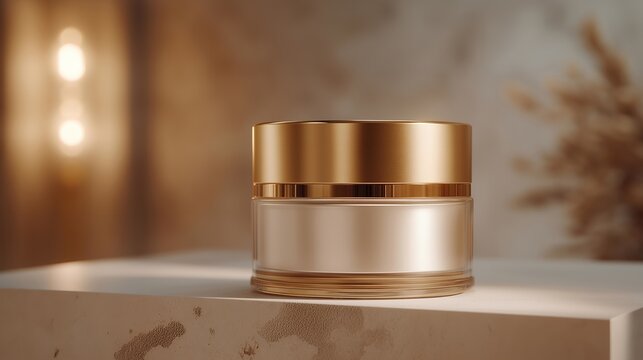 A levitating cosmetic jar floating above a magnetic base, opening automatically when a user approaches and dispensing controlled micro-doses of serum — luxury beauty tech, smart packaging