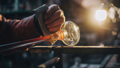 Crafting beauty a gloved hand shapes molten glass. Symbolizes artistry, skill, and transformation. Ideal for creativity, industry, or craftsmanship concepts.