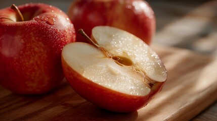 A crisp apple sliced open on a wooden cutting board, juice beads forming along the edge as natural light highlights its fresh texture — healthy eating, fresh produce photography, and food texture