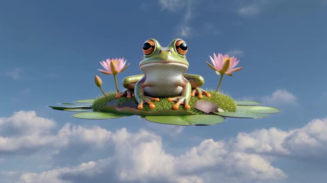 Cartoon frog on lily pad against blue sky