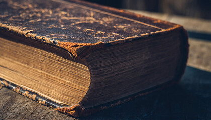 Closeup of an old, worn book with textured cover and yellowed pages. Evokes themes of history, knowledge, study, reading, and vintage style. Great for backgrounds.