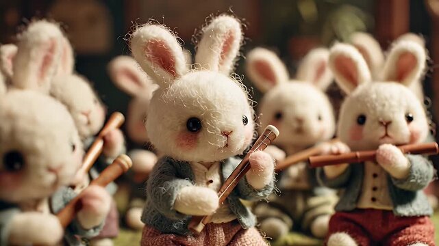 Bunny musicians playing flutes with soft lighting and festive ambiance