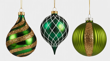 Three sparkling green christmas ornaments with gold glitter stripes