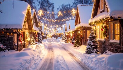 Fototapeta premium A snow-covered village street is decorated with twinkling lights, creating a cozy, wintry holiday scene at twilight