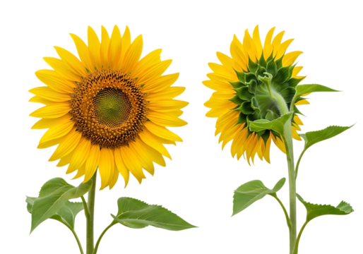 Two bright yellow sunflowers facing forward and backward showing front and back views isolated on transparent background
