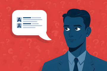 Pensive businessman contemplating a difficult decision or question, with a speech bubble showing options.