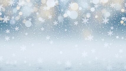 Soft Blue Winter Background: Falling Snowflakes and Bokeh Lights