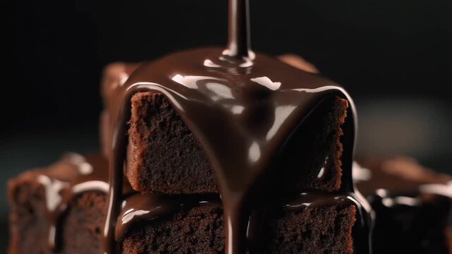Chocolate sauce pouring over brownies