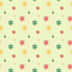 Christmas Snowflake Seamless Pattern. Festive Red, Green, and Yellow Snowflakes on Soft Yellow Background. Holiday Texture for Wrapping Paper and Digital Wallpaper.