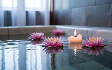 Tranquil spa bath with floating lotus flowers and a lit candle