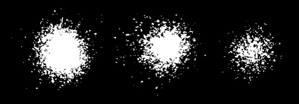 Salt, sugar, dust or sand splatter texture. Set of white vector specs, particles, tiny salt or sugar granules. Grainy  round shape splashes. Abstract food spice elements isolated on black background