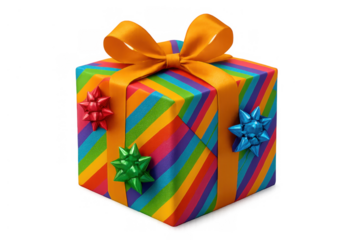 Colorful gift package wrapped in rainbow stripes, tied with an orange ribbon and bows, celebrating birthdays and holidays. Transparent background