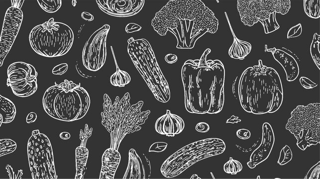 White line drawing of assorted vegetables on a dark gray background food illustration