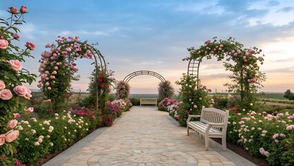 A beautiful rose garden with a path, blooming flowers, arches, and benches under a serene evening sky, creating a tranquil and romantic scene