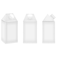 Blank white short gable-top carton with screw cap packaging set realistic 3d mockup vector isolated on white, for milk, cream, juice, or other liquid beverage products, carton box from various angles.