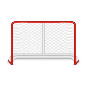 Empty ice hockey net or goal, red frame and white mesh realistic 3d vector front view isolated on white background.