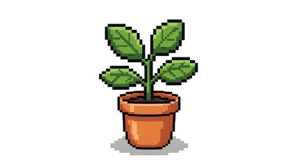 potted plant png pixel art illustration with green leaves and ceramic pot