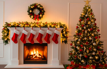 Fireplace with burning logs next to a decorated Christmas tree and gifts. Festive home interior for Winter holidays celebration.