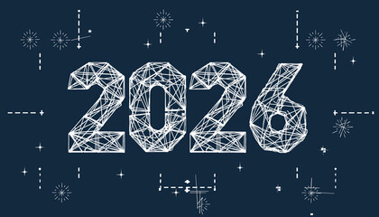 Abstract futuristic design for the new year 2026, featuring a wireframe polygonal number on a dark blue tech background