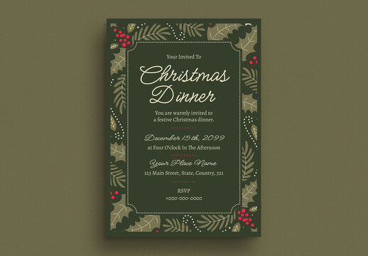 Green Floral Christmas Dinner Invitation