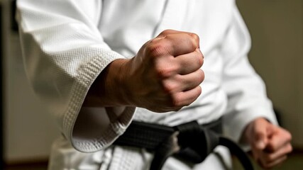 A close-up of a fist in a karate stance, showcasing strength and focus.
