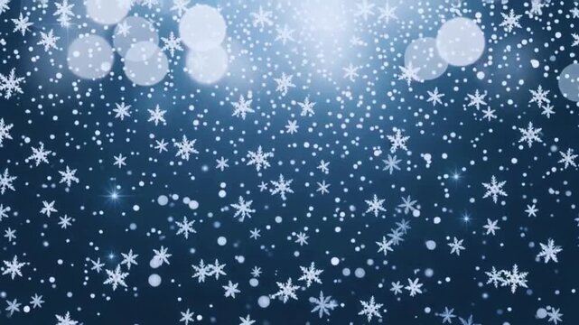 Falling Snowflakes and Bokeh Lights on Blue Winter Background