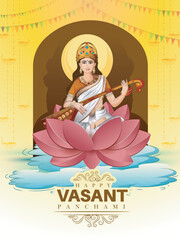 vector sketch of Goddess of Wisdom Saraswati for happy Vasant Panchami.