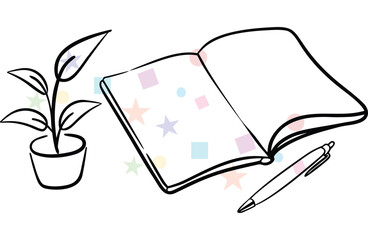 Basic illustration of a book, pen, plant