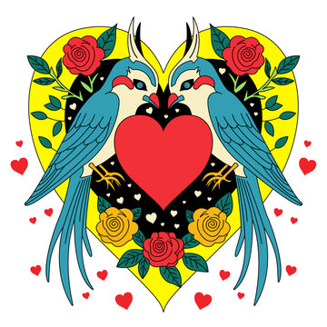 Love birds with heart and roses in vintage tattoo style