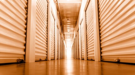 A long corridor lined with storage units stretches into the distance, illuminated by bright overhead lights. The clean, organized space offers a sense of security and accessibility