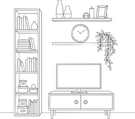 Handdrawn line art sketch of a modern living room interior with a bookshelf TV stand and wall shelves.