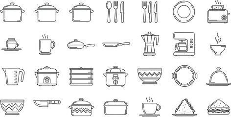 Kitchen utensils and cooking appliances line art illustration featuring cookware, tableware, cutlery, drinkware, and food items for culinary design, restaurant branding vector collection