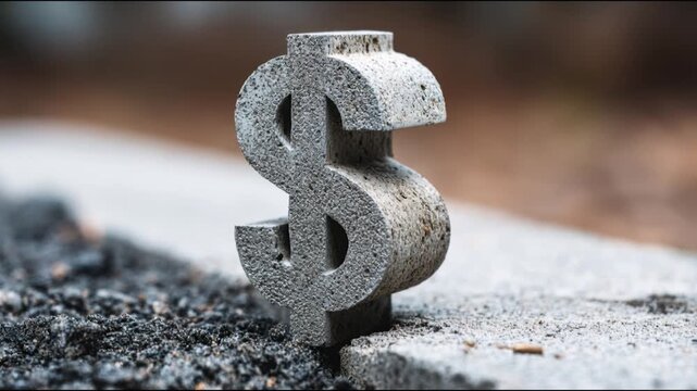 Concrete dollar symbol finance money currency concept for investment savings economy business wealth street urban rough gray asphalt pavement curb texture outdoor hard solid minimal focus macro
