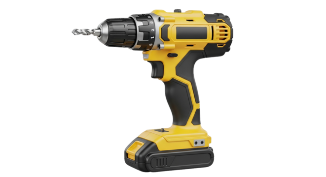 Yellow and Black Cordless Power Drill with Drill Bit Tool DIY Renovation Construction Metal Wood Power Building
