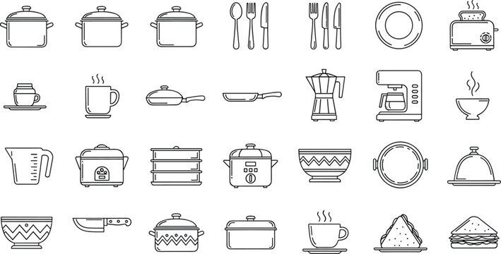 Kitchen utensils and cooking appliances line art illustration featuring cookware, tableware, cutlery, drinkware, and food items for culinary design, restaurant branding vector collection