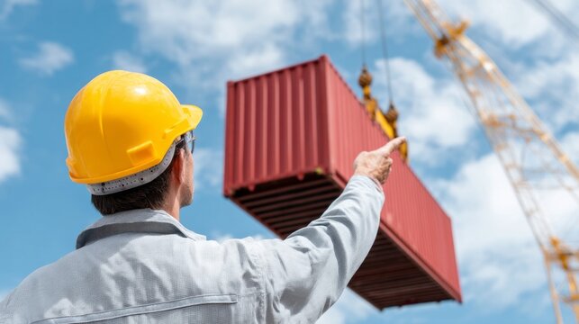 A construction worker in a yellow hard hat signals to a crane operator as a large red shipping container is being lifted high against a clear blue sky