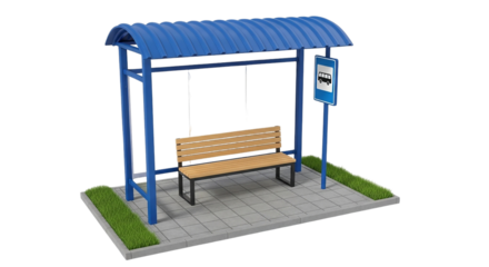 Modern Bus Stop Shelter with Blue Roof and Wooden Bench 3D Render Urban Design Public Transportation Waiting Area Street