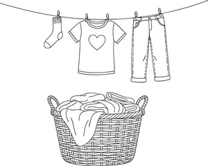 Outline drawing of a wicker basket with folded laundry and clothes hanging to dry.