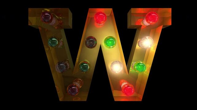 Festive glowing Gold Christmas light bulb letter alphabet in five different seamless loop animation with transparent background the letter W