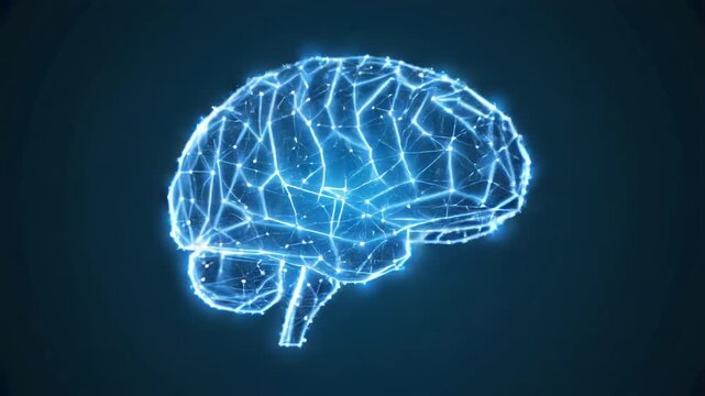 Luminous Blue Wireframe Brain Structure with Connected Nodes and Lines digital