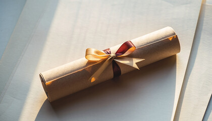 A beautifully rolled parchment document, tied with decorative ribbons, rests on elegant paper. Evokes success, achievement, and milestones. Ideal for education, graduation, or awards.