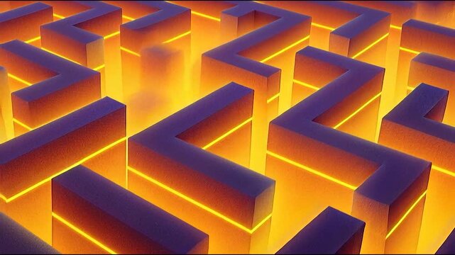 Neon maze glowing lines abstract geometry vibrant gradient 3D blocks futuristic pattern digital art ultraviolet glow isometric depth luminous pathways dynamic labyrinth design cyberpunk style render