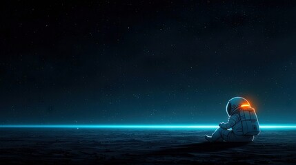 One astronaut sits on a dark, barren surface, gazing at a star-filled sky. A bright blue line illuminates the horizon, creating a mysterious and lonely atmosphe