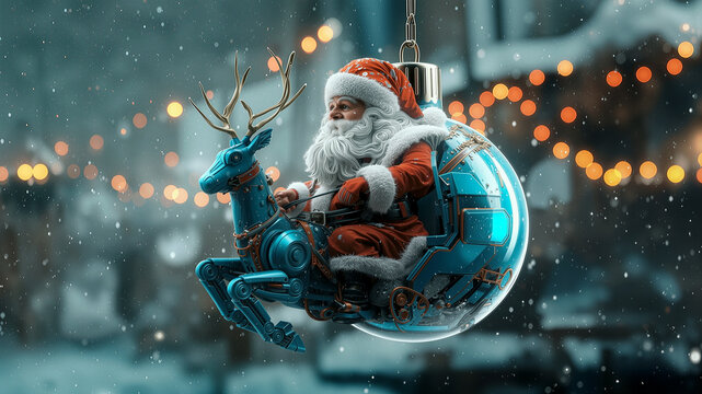 A beautifully crafted Christmas ornament featuring Santa Claus riding an ornate sleigh inside a clear glass bauble. 